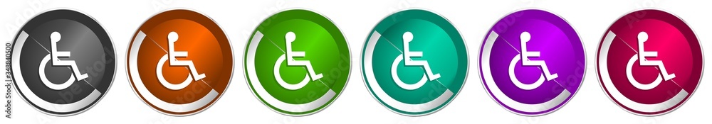 Poster Wheelchair icon set, silver metallic chrome border vector web buttons in 6 colors options for webdesign