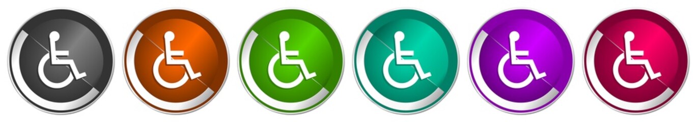 Wheelchair icon set, silver metallic chrome border vector web buttons in 6 colors options for webdesign