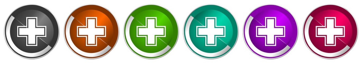 Pharmacy icon set, silver metallic chrome border vector web buttons in 6 colors options for webdesign