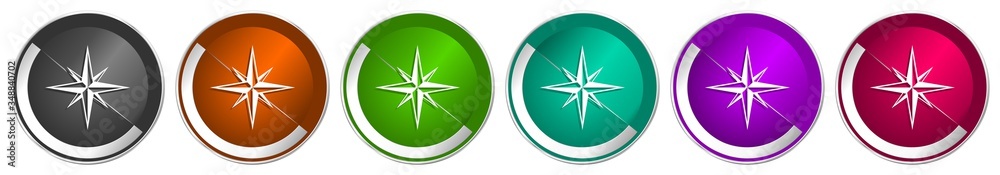 Poster Compass icon set, silver metallic chrome border vector web buttons in 6 colors options for webdesign