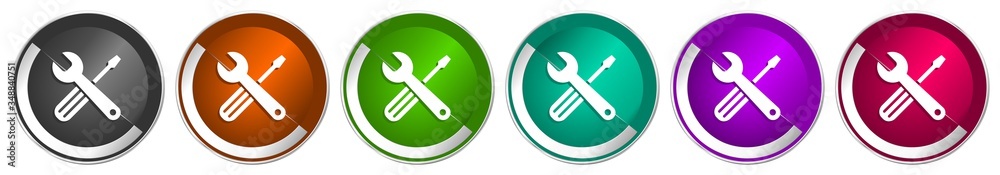 Fototapete Tools icon set, silver metallic chrome border vector web buttons in 6 colors options for webdesign