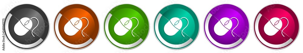 Aufkleber Mouse icon set, silver metallic chrome border vector web buttons in 6 colors options for webdesign