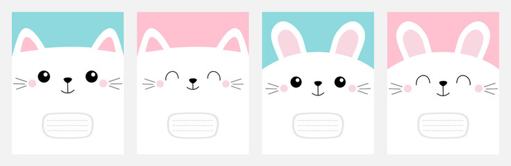 Notebook cover Composition book template. Pet baby print. White cat rabbitbunny head face square icon set line. Cute cartoon kawaii funny character. Flat design. Blue pink background.