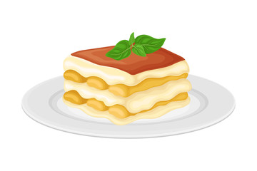 Italian Tiramisu Cake Layered with Whipped Cream and Mascarpone Cheese Vector Illustration