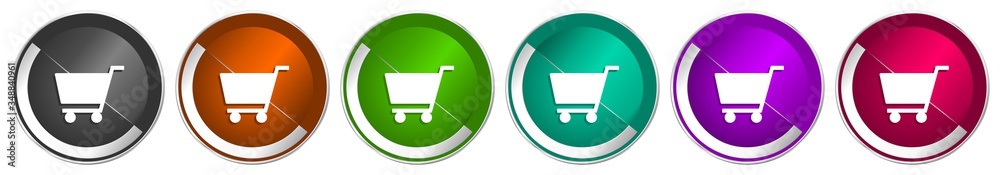Leinwandbilder shopping cart icon set, silver metallic chrome border vector web buttons in 6 colors options for web