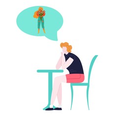 Woman dreaming of flowers from beloved cartoon vector illustration isolated on white. Love dreams and ladies loneliness. Girl sitting at table and thinking of love-affairs.