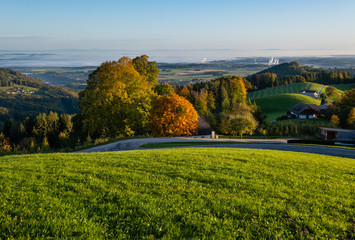 Peaceful autumn sunrise rural view, Gmundnerberg, Altmunster am Traunsee, Upper Austria.