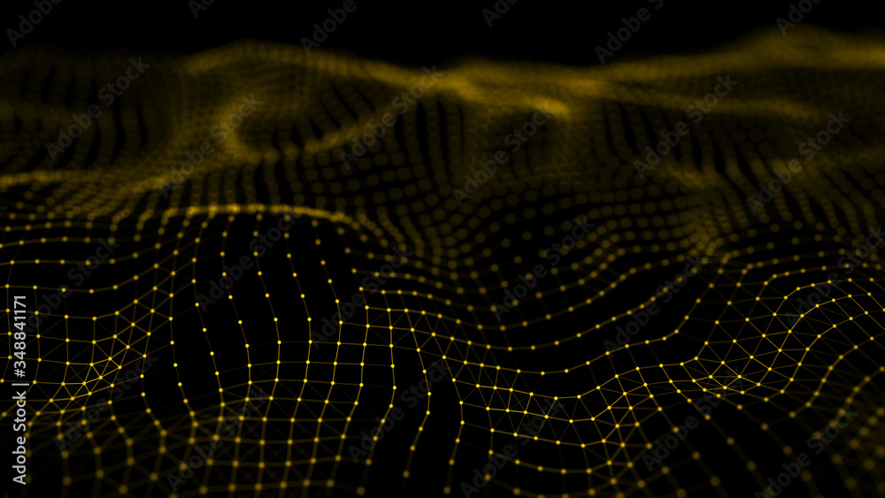Poster Dynamic particles wave. Yelow dots on black background. Digital landscape. 3d rendering. Big data visualization 3D. Futuristic backdrop for design, wallpaper.