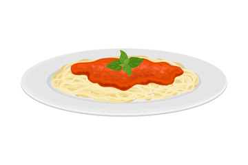 Italian Spaghetti with Meat Gravy and Greenery Garnishing Vector Illustration