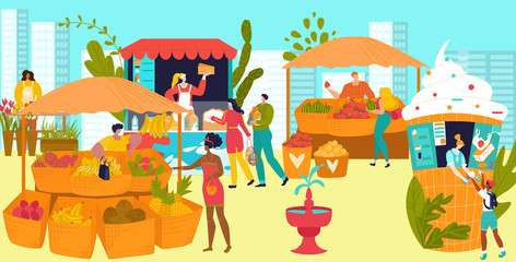 Market stalls with farmers selling vegetables and fruits, street food festival flat vector illustration. People sell food from kiosks, shops and market stalls on a street. Fresh organic farm stores.