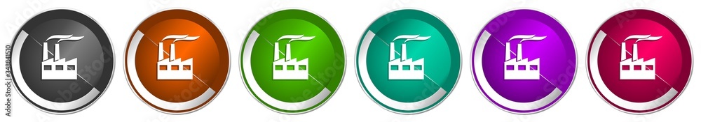 Aufkleber factory icon set, industrial building, plant, pollution silver metallic chrome border vector web but