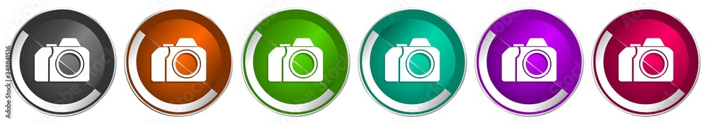 Poster photo camera icon set, photography silver metallic chrome border vector web buttons in 6 colors opti