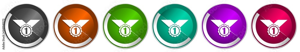 Aufkleber badge icon set, winner, first, award silver metallic chrome border vector web buttons in 6 colors op