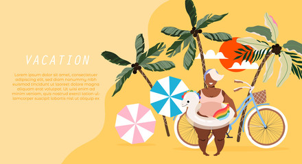 Summer leisure and travel web banner design. Modern vector illustration of a woman, bicycle, palms, and sunset. Tropical web page header design template with a free place for text. Summertime concept.