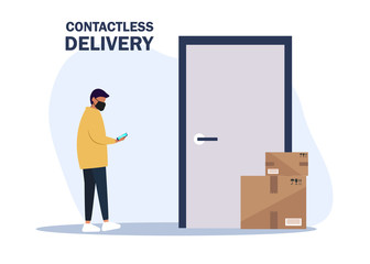 Vector illustration No contact delivery. Deliver man brings the boxes and puts them near the apartment door. Non-contact express delivery service. Self isolation and quarantine lifestyle