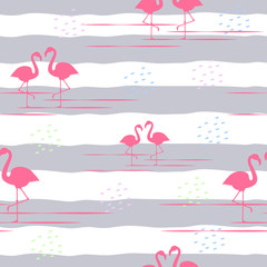 Beautiful seamless vector floral tropical pattern background with flamingos. Abstract chevrons geometric texture