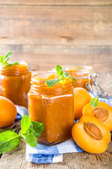 Homemade apricot jam in different jars, with fresh organic apricots on wooden rustic background copy space