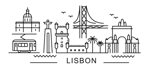 city of Lisbon in outline style on white  - obrazy, fototapety, plakaty