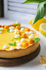 Lemon tart decorated with curd, cream cheese balls, physalis berries, mint leaves. Freshly baked dessert on white textured table with green leaves, lemons. Beautiful citrus pie. Copy space.