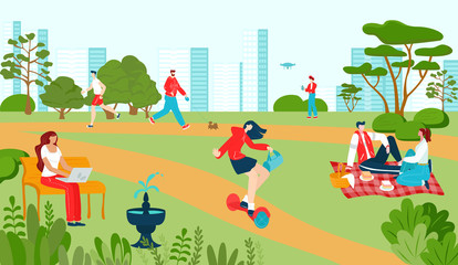 City park with people recreations in summer, walkway playground and attractions fountain and benches cityscape flat vector illustration. Lifestyle in park outdoor, sport and leisure, urban activity.
