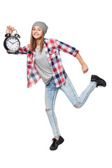 Smiling teen girl running hurrying, looking at camera