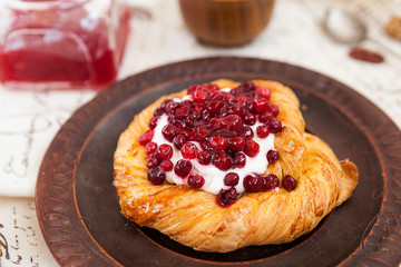 tartlet with berries, sweet pastries on a white table, pastry shop.