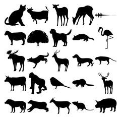 Set of 25 animals. Cat, Lizard, Sheep, Peacock, Flamingo, Elk, Dog, Impala Antelope, Dachshund, Cow, Gorilla, Bird, Beaver, Deer, Wolf, Bear, Goat, Rat, Pig.