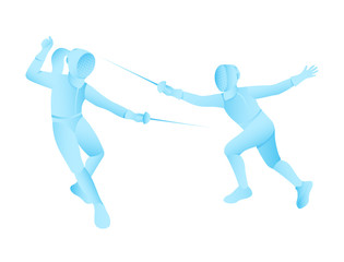 two swordsmen fight with rapiers in full equipment. athletes in training, competition, championship. vector flat illustration