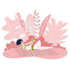 Woman in bikini sunbathing in sunset pink summer background cartoon flat vector illustration isolated on white. Resort on nature, beach and rest touristic hot summer landscape and park, garden.