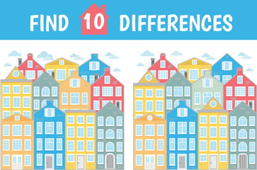 Find ten differences. Mindfulness game for children and adults. Houses, city, street. Vector illustration.