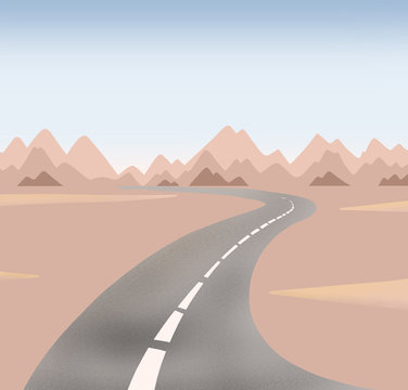 Hand drawn digital illustration of landscape in pastel colors with mountains on the horizon and the road