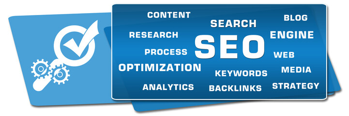 SEO - Search Engine Optimization Symbols Word Cloud Blue Rounded
