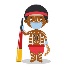 Character from Australia (Aboriginal) dressed in the traditional way and with surgical mask and latex gloves as protection against a health emergency