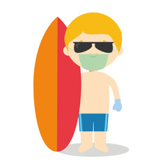 Character from Australia dressed in the traditional way as a surfer with his surfboard and with surgical mask and latex gloves as protection against a health emergency