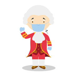 Wolfgang Amadeus Mozart cartoon character with surgical mask and latex gloves as protection against a health emergency - obrazy, fototapety, plakaty