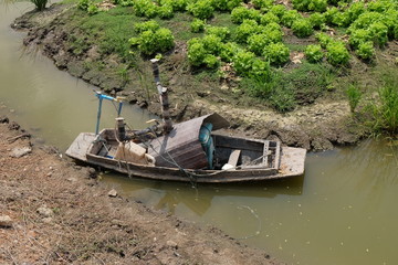 Fototapeta na wymiar Small wooden boat for watering vegetable plots, farmer wisdom