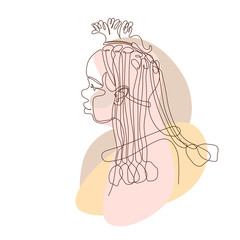 head of cute beautiful black african girl, tribe woman himba, for logo, tourist posters, cards, color vector illustration with contour lines isolated on white background in one line drawing style