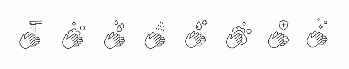 Icon set of disease prevention protect. Vector sanitizer, antiseptic, antibacterial symbols. Healthcare wash hands with rinse water, tap, soap drop and safety signs