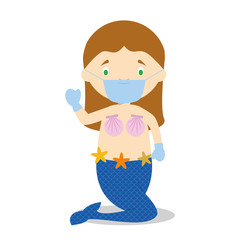 Little girl dressed as a mermaid with surgical mask and latex gloves as protection against a health emergency