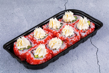 Sushi roll sushi with prawn, avocado, cream cheese, sesame. Sushi menu. Japanese food.