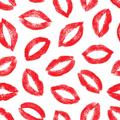 Lipstick kisses. Lips traces. Imprint real female lips isolated on white background. Joyful design. Romantic kiss. Nice seamless pattern. Fashion makeup. Endless lips prints. Repeating texture mouth 