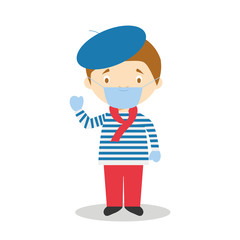 Character from France dressed in the traditional way and with surgical mask and latex gloves as protection against a health emergency