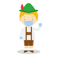 Character from Germany dressed in the traditional Bavarian way and with surgical mask and latex gloves as protection against a health emergency