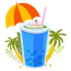 Summer tropical vacation, beach bar concept of sea holidays isolated on white flat vector illustration with cocktail, palms, umbrella. Best summer ocean and sea drink and man swimming in cokctail.