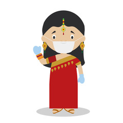 Indian girl dressed in the traditional way with sari and with surgical mask and latex gloves as protection against a health emergency