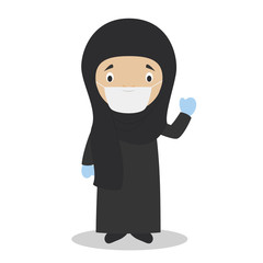 Woman character from Iran dressed in the traditional way with chador and with surgical mask and latex gloves as protection against a health emergency