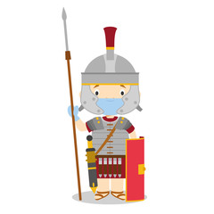 Fototapeta premium Character from Italy dressed in the traditional way as a Roman Legionary and with surgical mask and latex gloves as protection against a health emergency