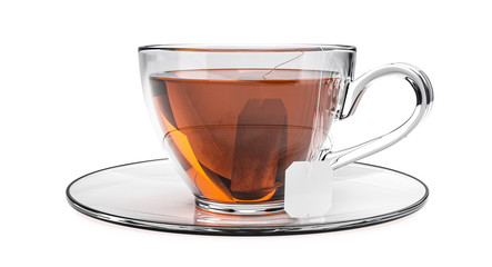 Cup of black tea isolated on white background. Glass cup with teabag.  Black, brown hot tea. 3d...