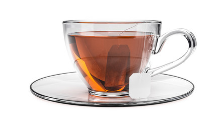 Cup of black tea isolated on white background. Glass cup with teabag.  Black, brown hot tea. 3d rendering.