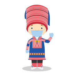 Fototapeta premium Character from Lapland dressed in the traditional way and with surgical mask and latex gloves as protection against a health emergency